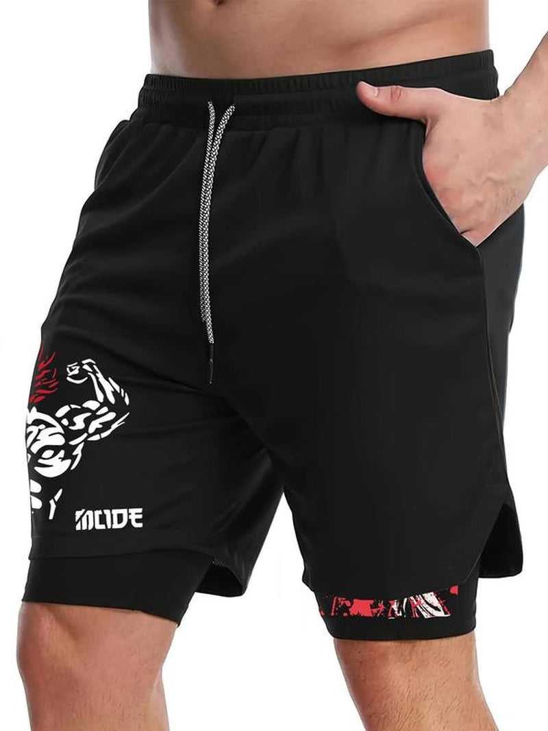 Men'S Graphic Print Drawstring Waist 2 in 1 Athletic Shorts, Short Shorts for Men, Gym Shorts, Regular Fit Sporty Breathable Quick Drying Pocket Gym Shorts, Men'S Summer Gym Clothes Sportswear