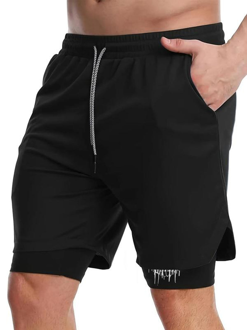 Men'S Graphic Print Drawstring Waist 2 in 1 Athletic Shorts, Short Shorts for Men, Gym Shorts, Regular Fit Sporty Breathable Quick Drying Pocket Gym Shorts, Men'S Summer Gym Clothes Sportswear